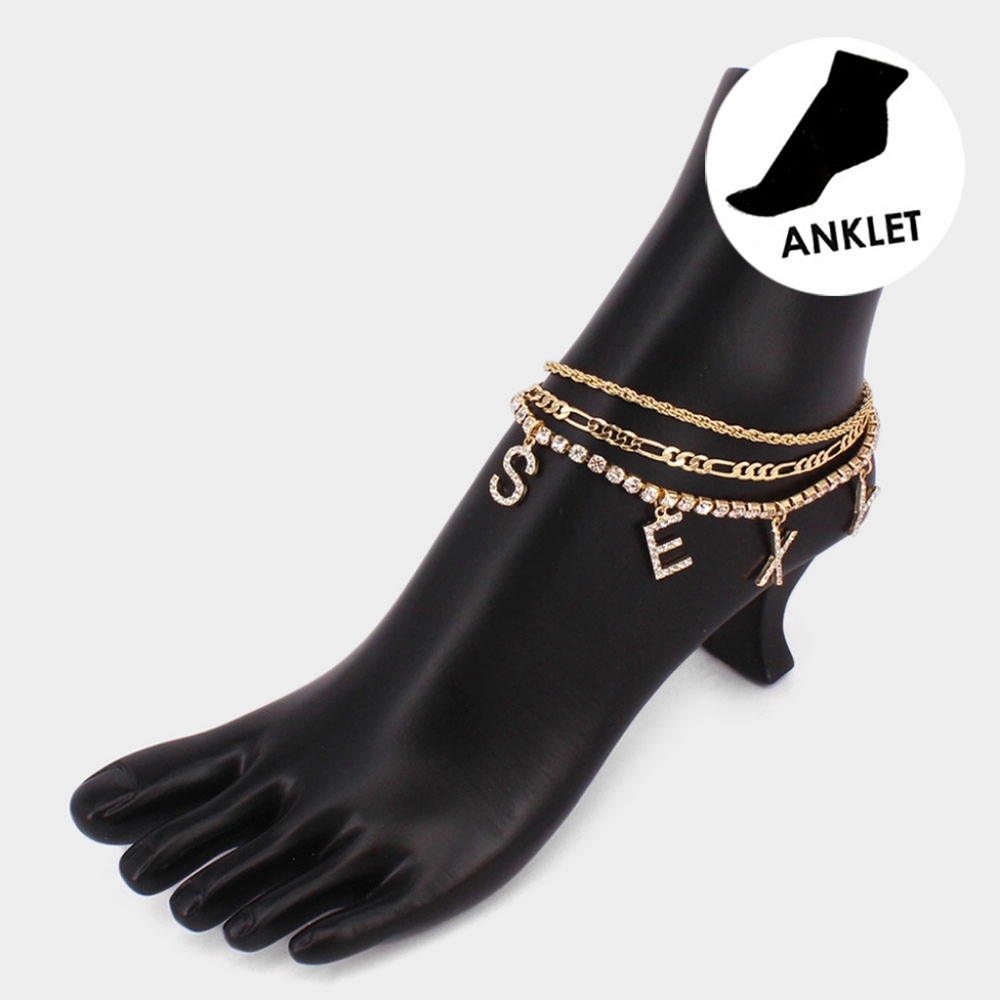 Gold Chain SEXY Dangle Charm Pendant Three Layered Anklet Metal Word Rhinestones